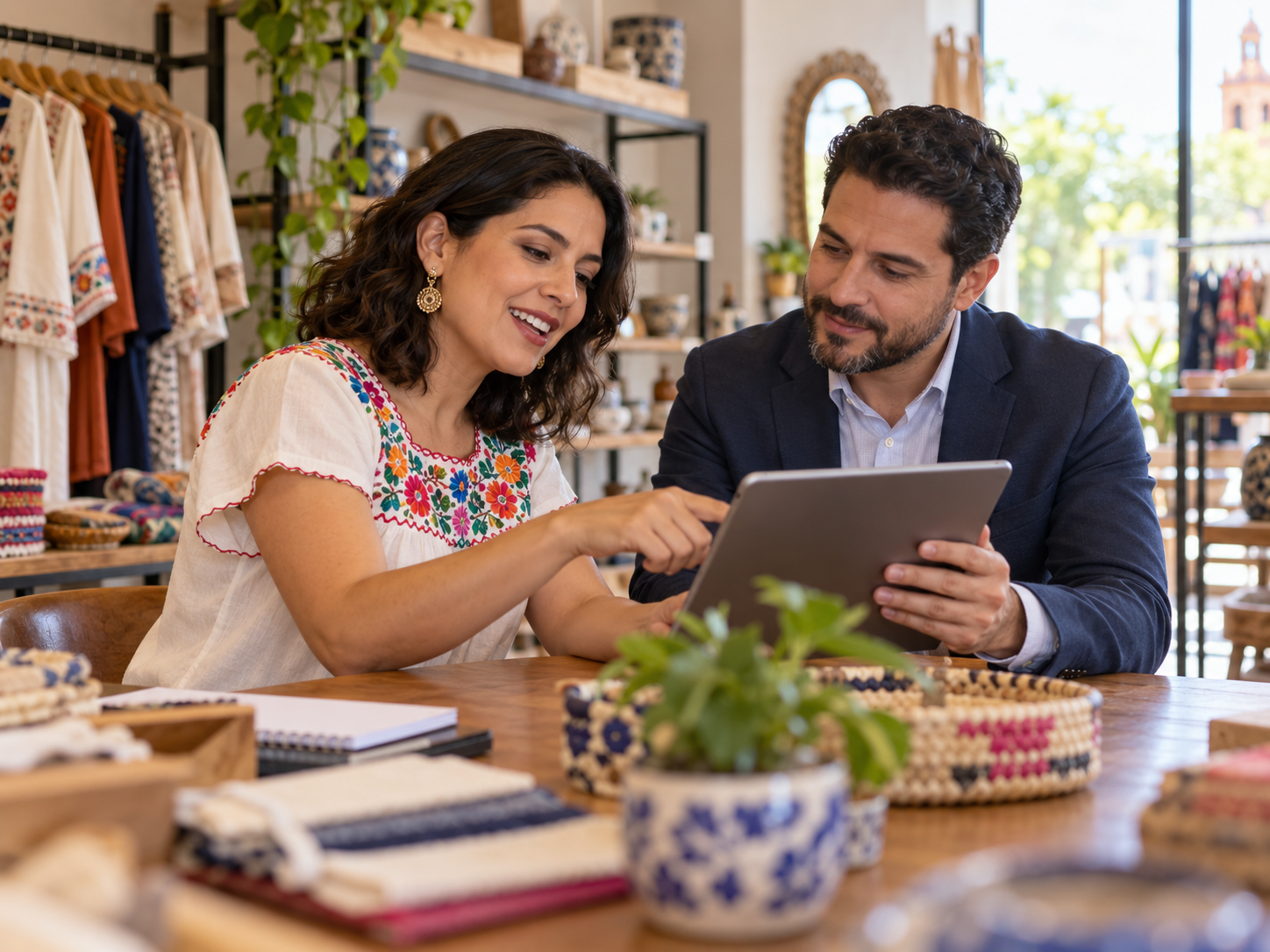 Emprendedora consultando opciones con un asesor